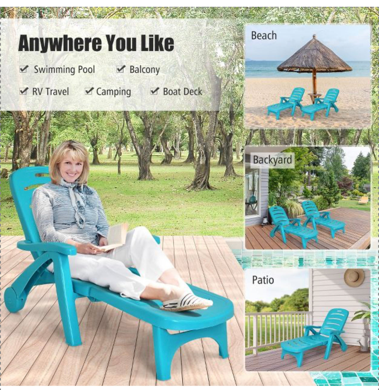 Folding Chaise Lounge Chair 5-Position Adjustable Recliner Turquoise