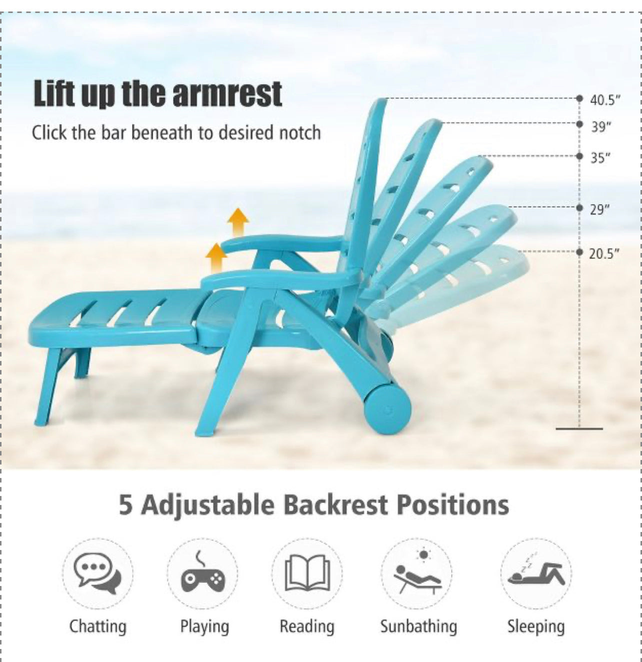 Folding Chaise Lounge Chair 5-Position Adjustable Recliner Turquoise