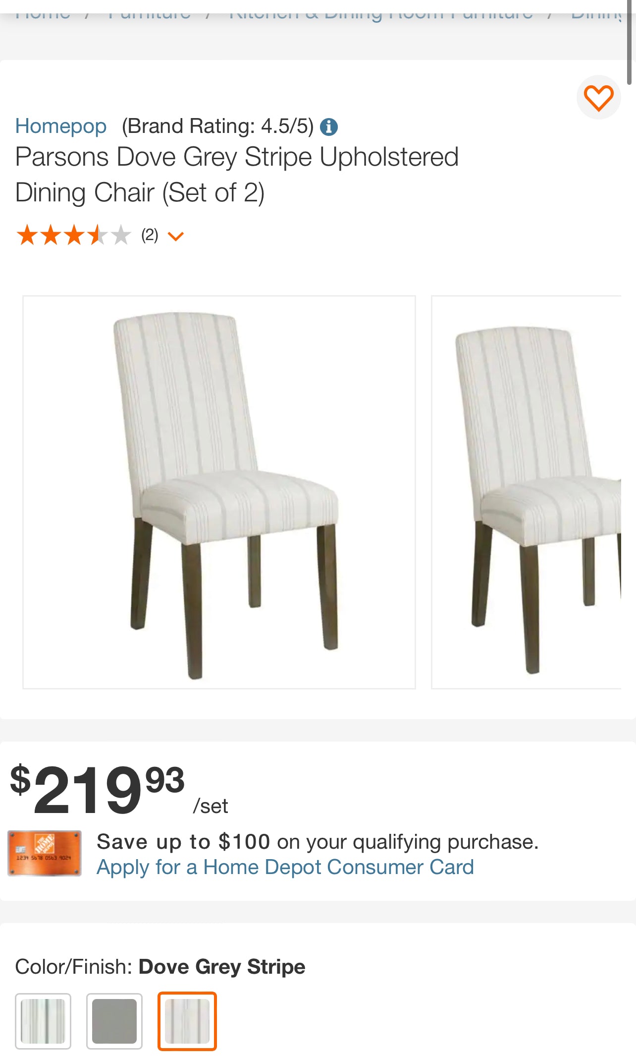Parsons Dove Grey Stripe Upholstered Dining Chair (Set of 2)