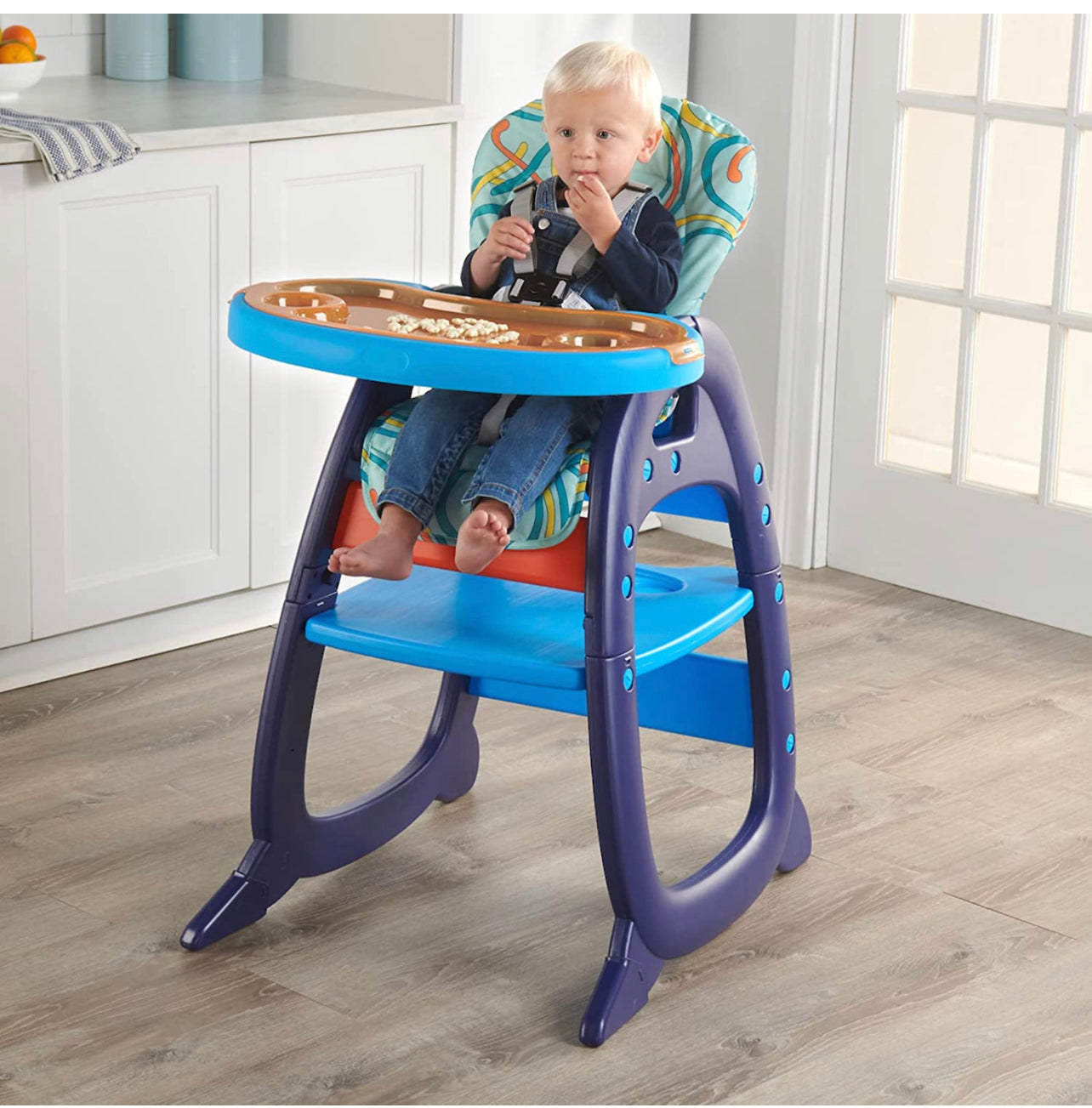 Badger Basket Envee II Baby High Chair with Toddler Playtable and Chair Conversion, Blue/Orange