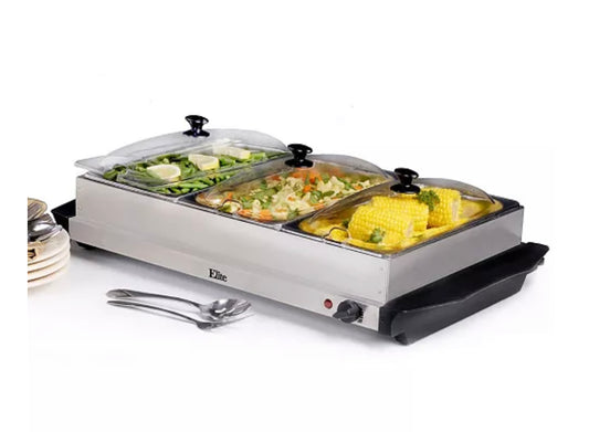 7.5Qt. Triple Buffet Server Food Warmer with Temperature Control and Clear Slotted Lids
